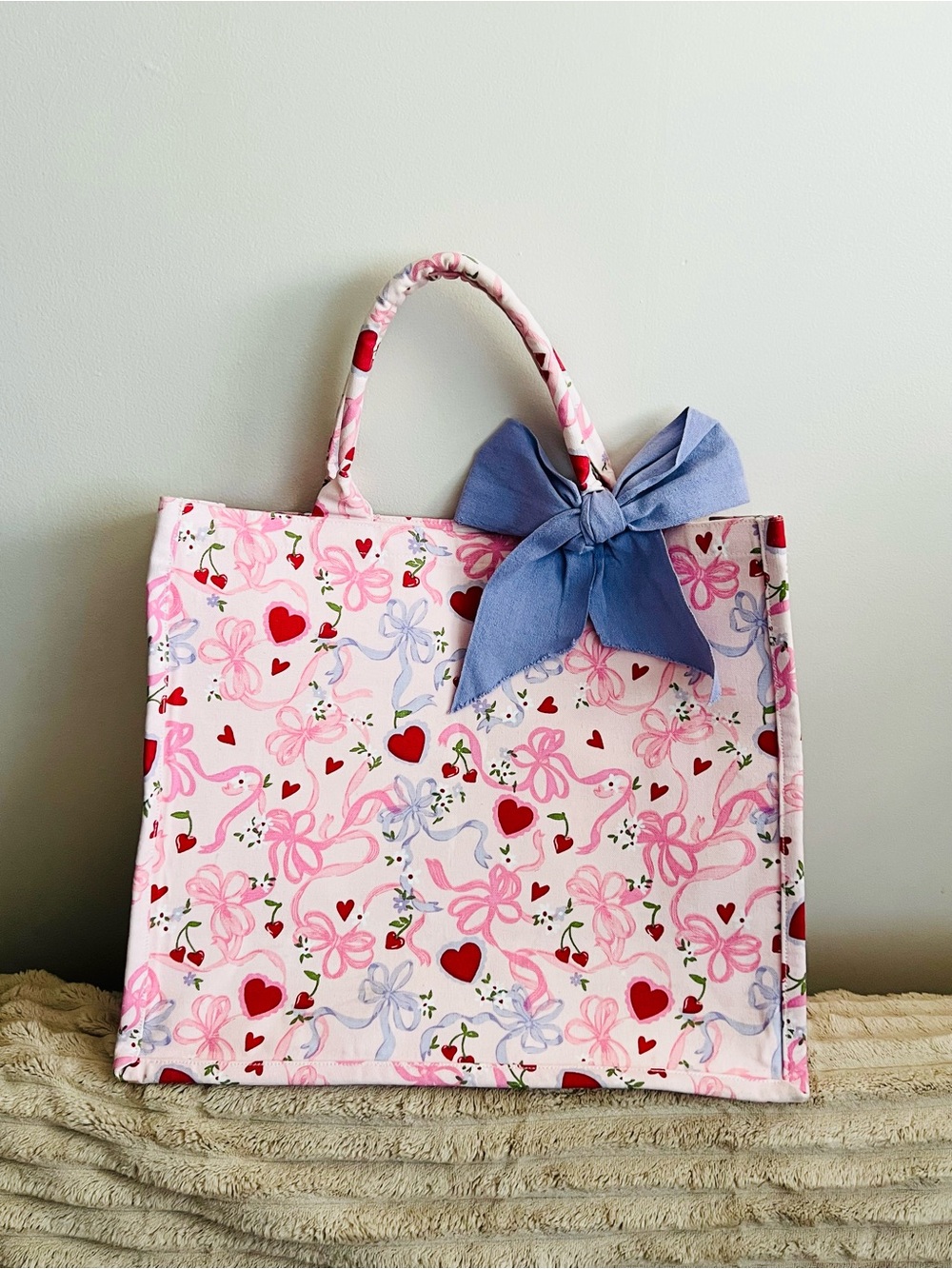 Pink Heart & Bow Tote Bag with Blue Accent Bow
